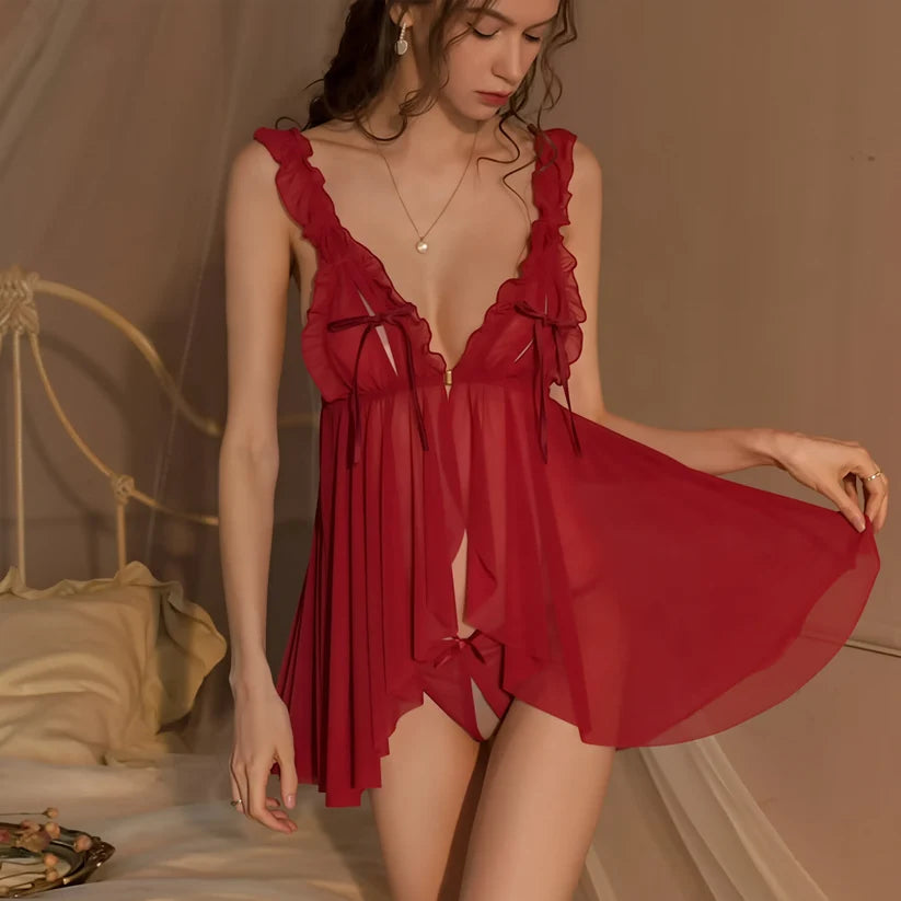 Lencería Babydoll de dos piezas transparente de malla sexy